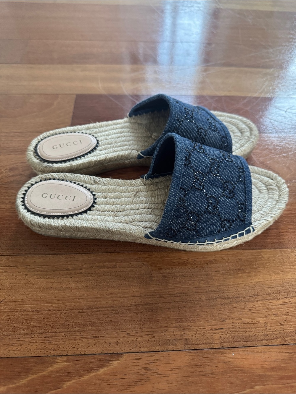 Gucci Denim-Pattern Navy Slide Espadrille Sandals